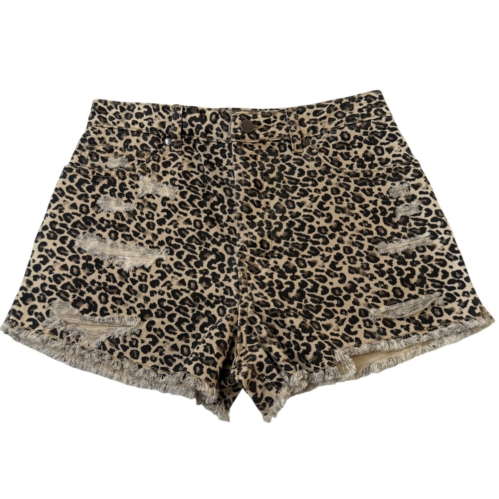 Easel Denim Shorts Womens Small Leopard Distressed High‎ Rise Frayed Hem New